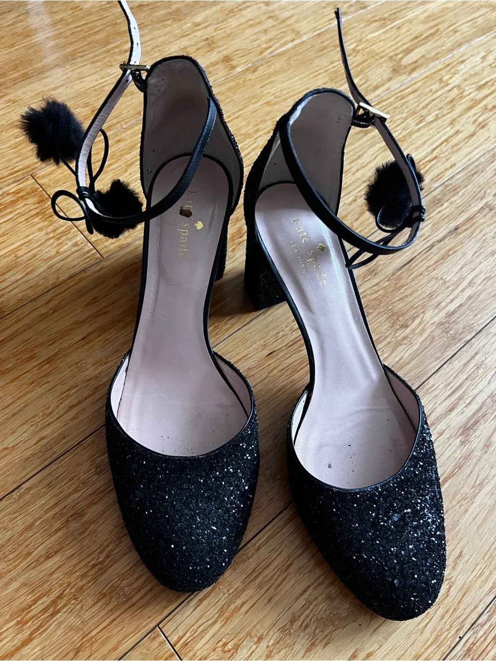kate spade Abigail Black Glitter Ankle-Strap Block Heels with Pom Pom